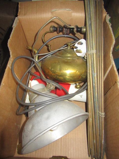 BOX WITH BRASS KETTLE AND STAIR RODS ETC Image