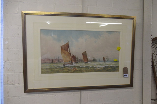 GILT FRAMED WATERCOLOUR  FISHING VESSELS ON THE THAMES BY CHARLES GREGORY Image