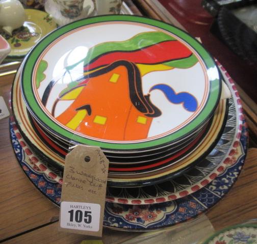 THREE WEDGWOOD CLARICE CLIFF PLATES ETC Image