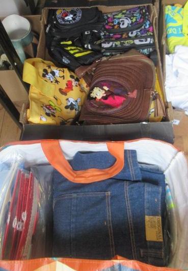TWO BOXES OF HANDBAGS AND BAG OF CLOTHES Image