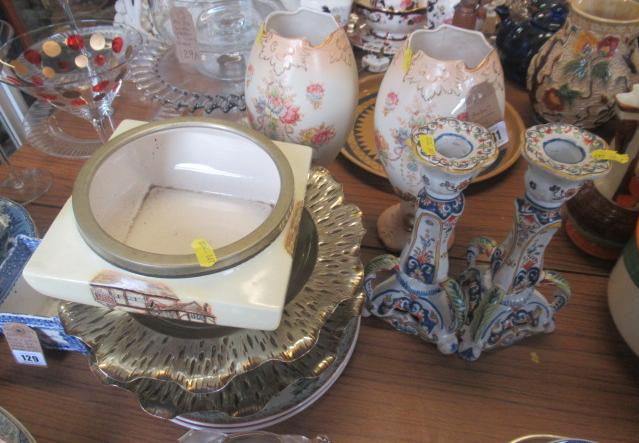 PAIR OF PORTUGUESE STYLE CANDLESTICK HOLDERS AND BOWL WITH PLATED RIM ETC Image