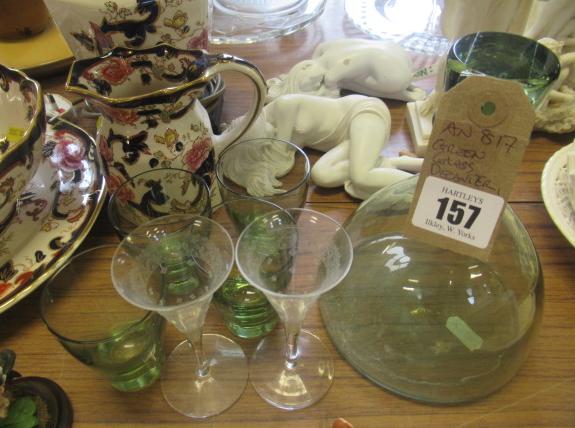 GREEN GLASS DECANTER FOUR GLASSES AND TWO OTHER GLASSES Image