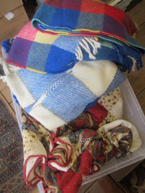 THREE PATCHWORK QUILTS AND TWO BLANKETS Image