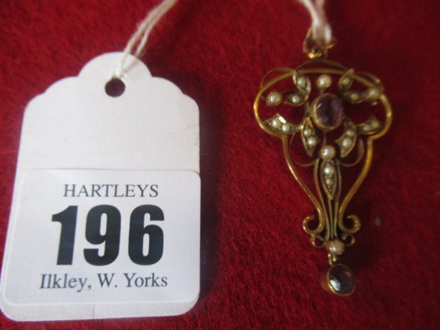 EDWARDIAN 9CT GOLD AMETHYST AND SEED PEARL PENDANT Image