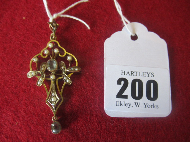 EDWARDIAN 9CT GOLD AQUAMARINE AND SEED PEARL PENDANT Image