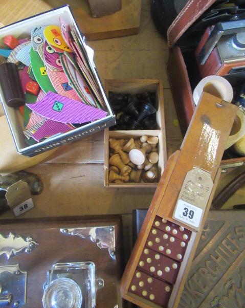 BOX OF CHESS PIECES DOMINOES AND ANOTHER BOX Image