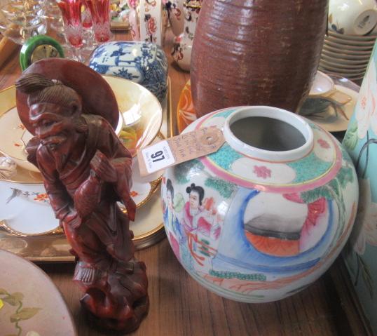 CHINESE JAR AND WOODEN FIGURE Image