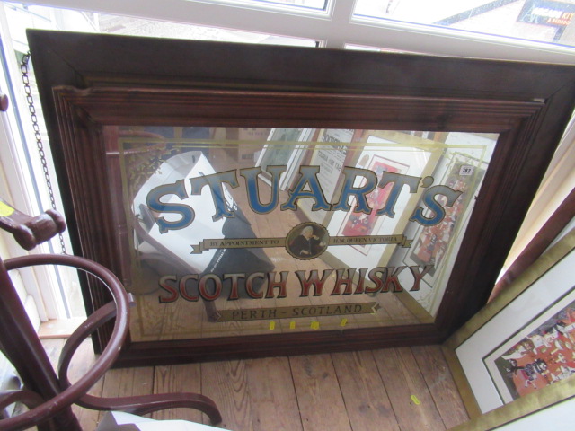 STEWARTS SCOTCH WHISKY ADVERTISING MIRROR AND HORSE RACE PRINT Image