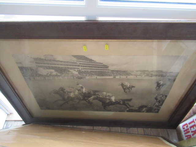 STEWARTS SCOTCH WHISKY ADVERTISING MIRROR AND HORSE RACE PRINT Image