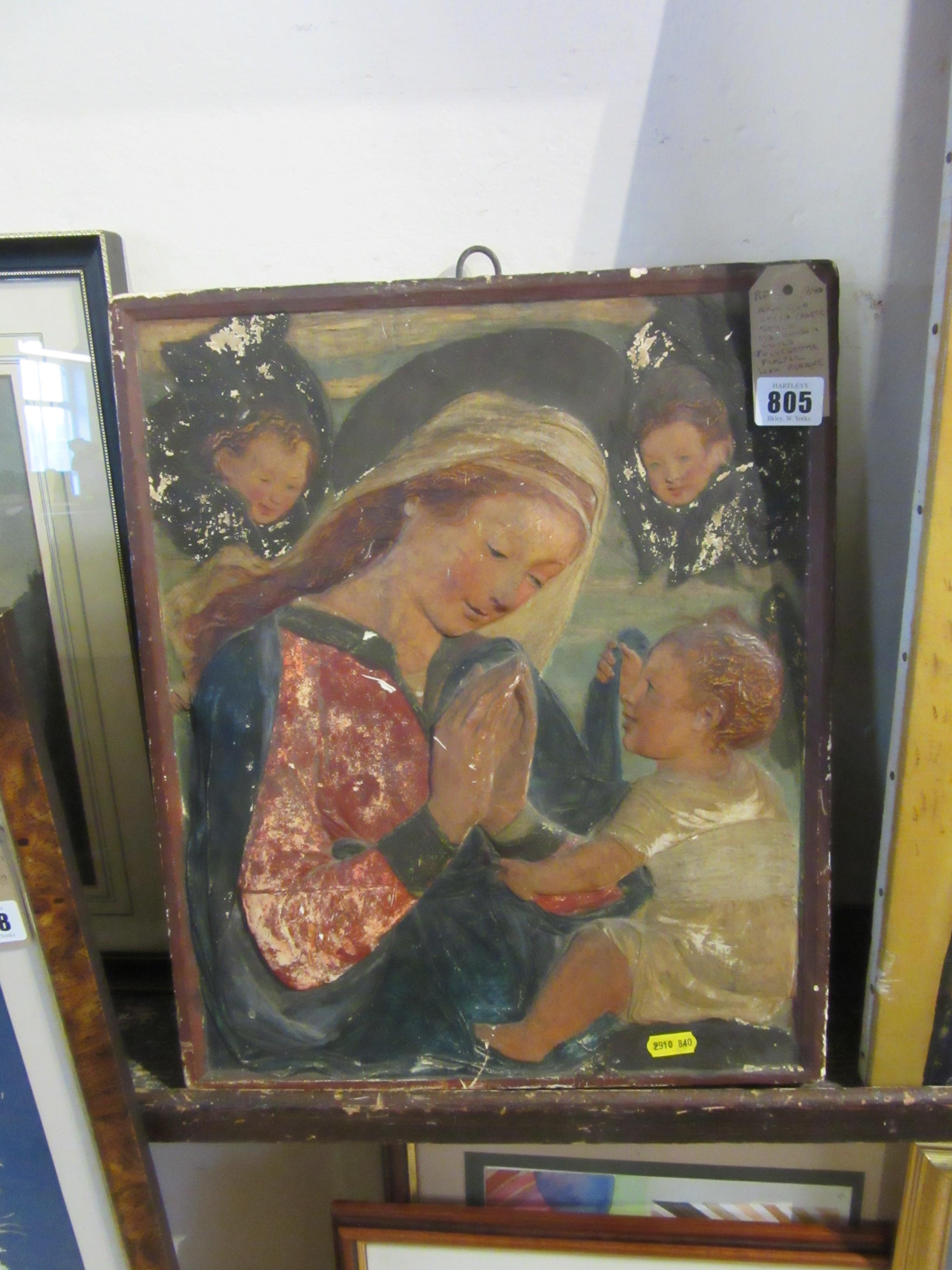 ANTIQUE ARTS AND CRAFTS STYLE MADONNA AND CHILD PLASTER WALL PLAQUE Image