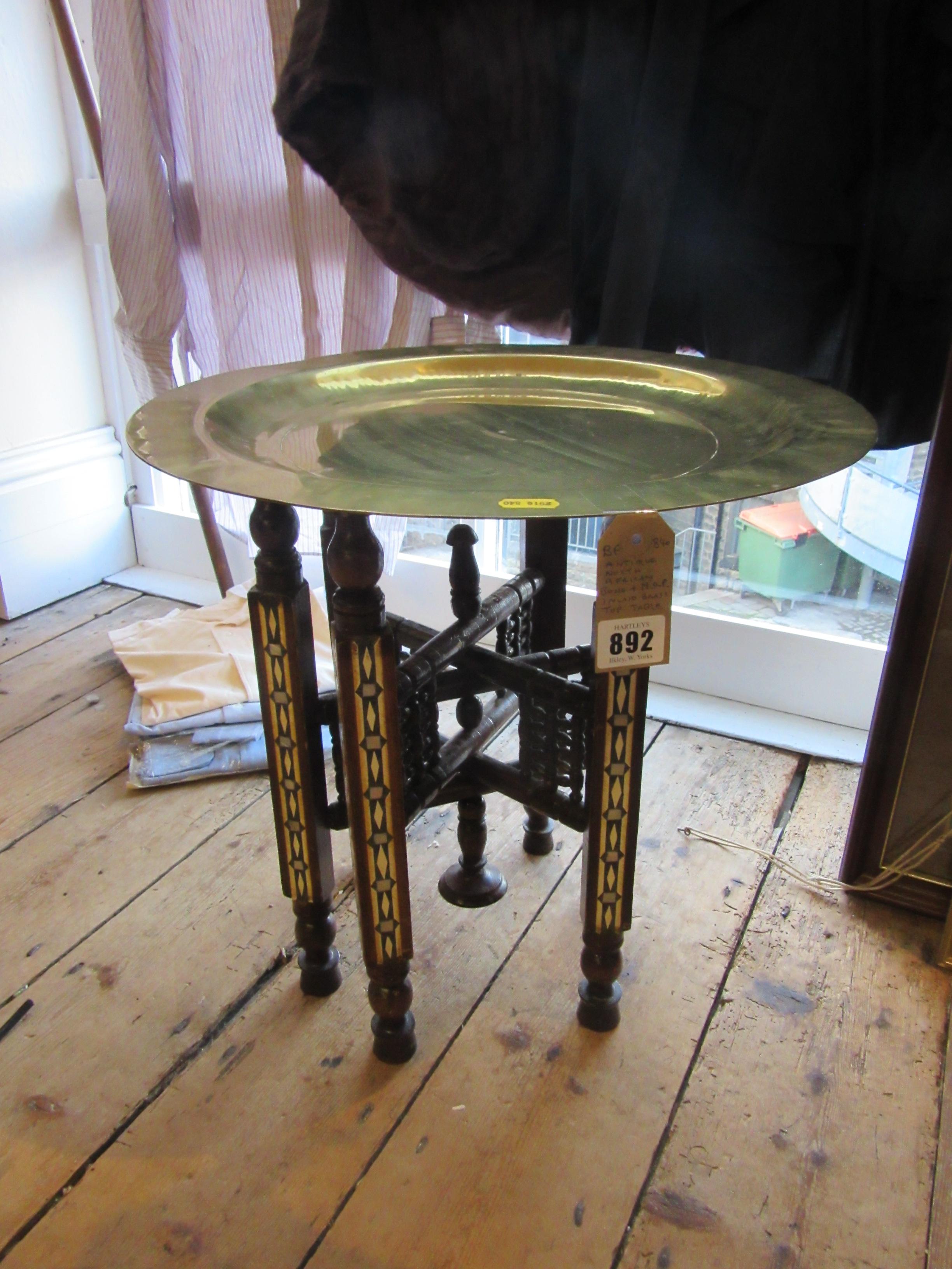 ANTIQUE NORTH AFRICAN BONE AND MOTHER OF PEARL INLAID BRASS TOP TABLE Image