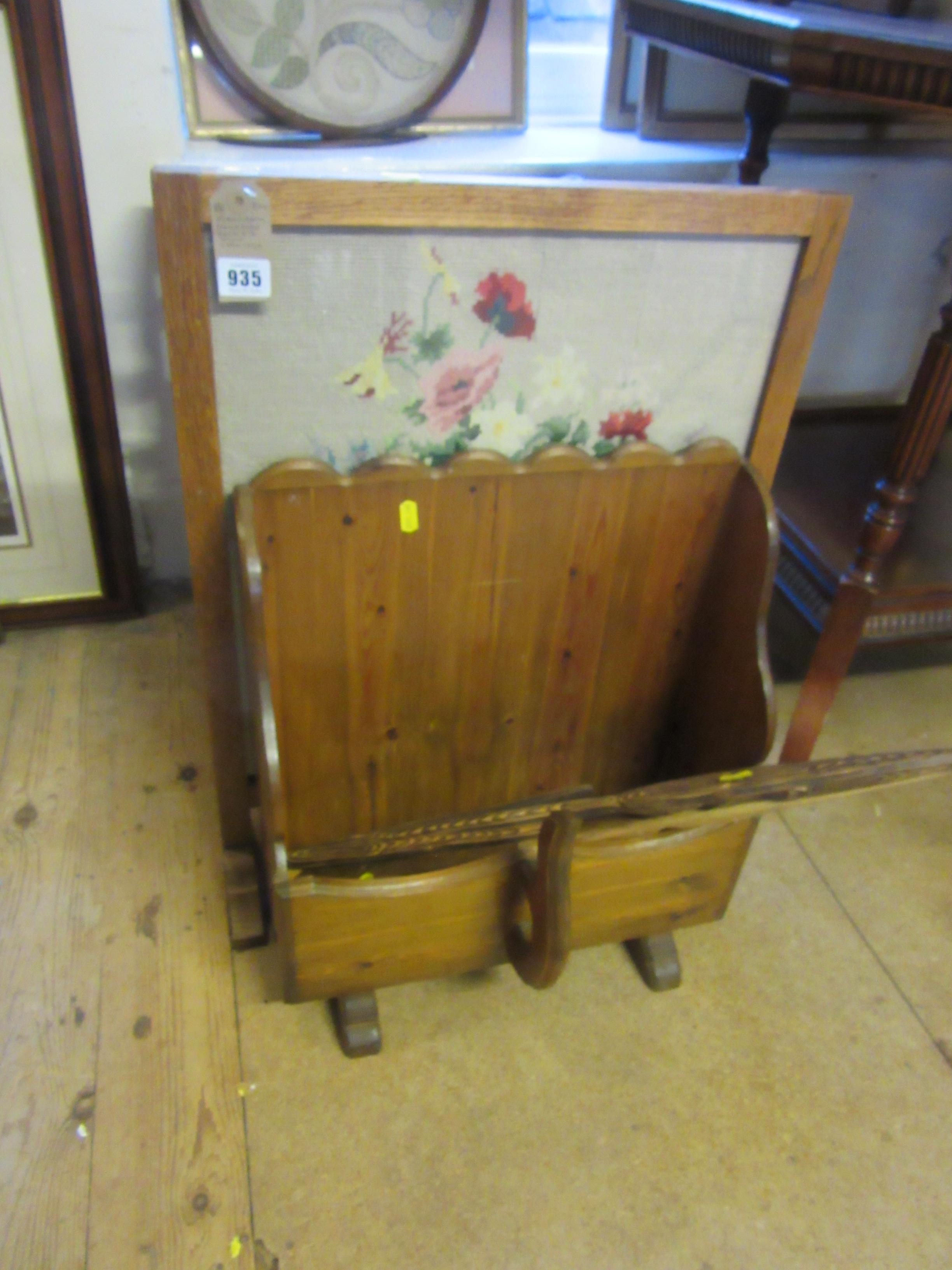 FIRE SCREEN, MAGAZINE RACK AND TWO WOOD CARVINGS Image