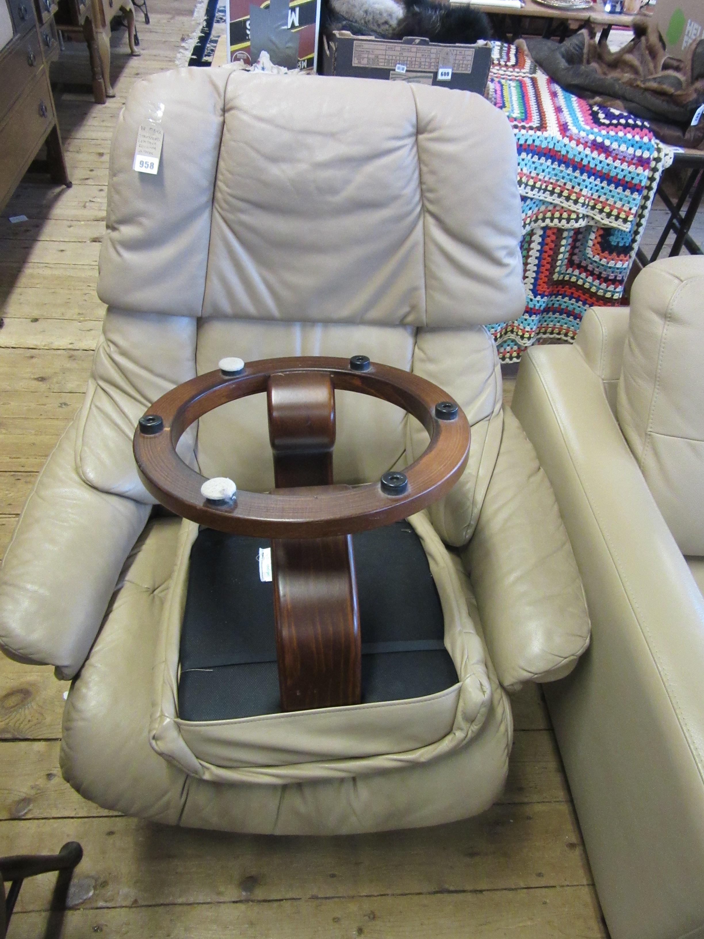 STRESSLESS LEATHER RECLINER AND STOOL Image