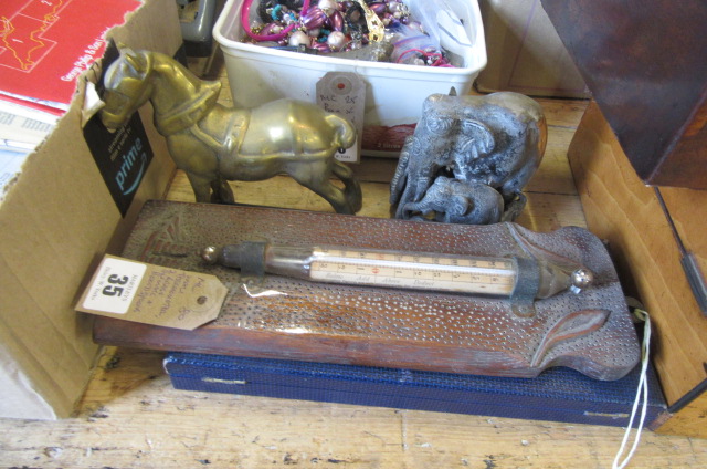 THERMOMETER  TWO BRASS ANIMALS  TWO PAPERWEIGHTS AND A BOX OF SPOONS Image
