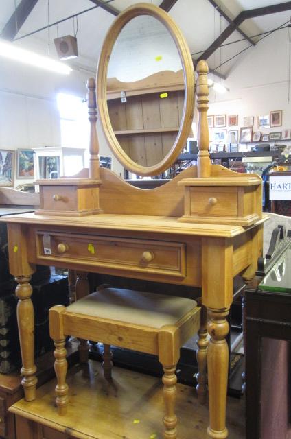 PINE DRESSING TABLE   MIRROR AND STOOL Image