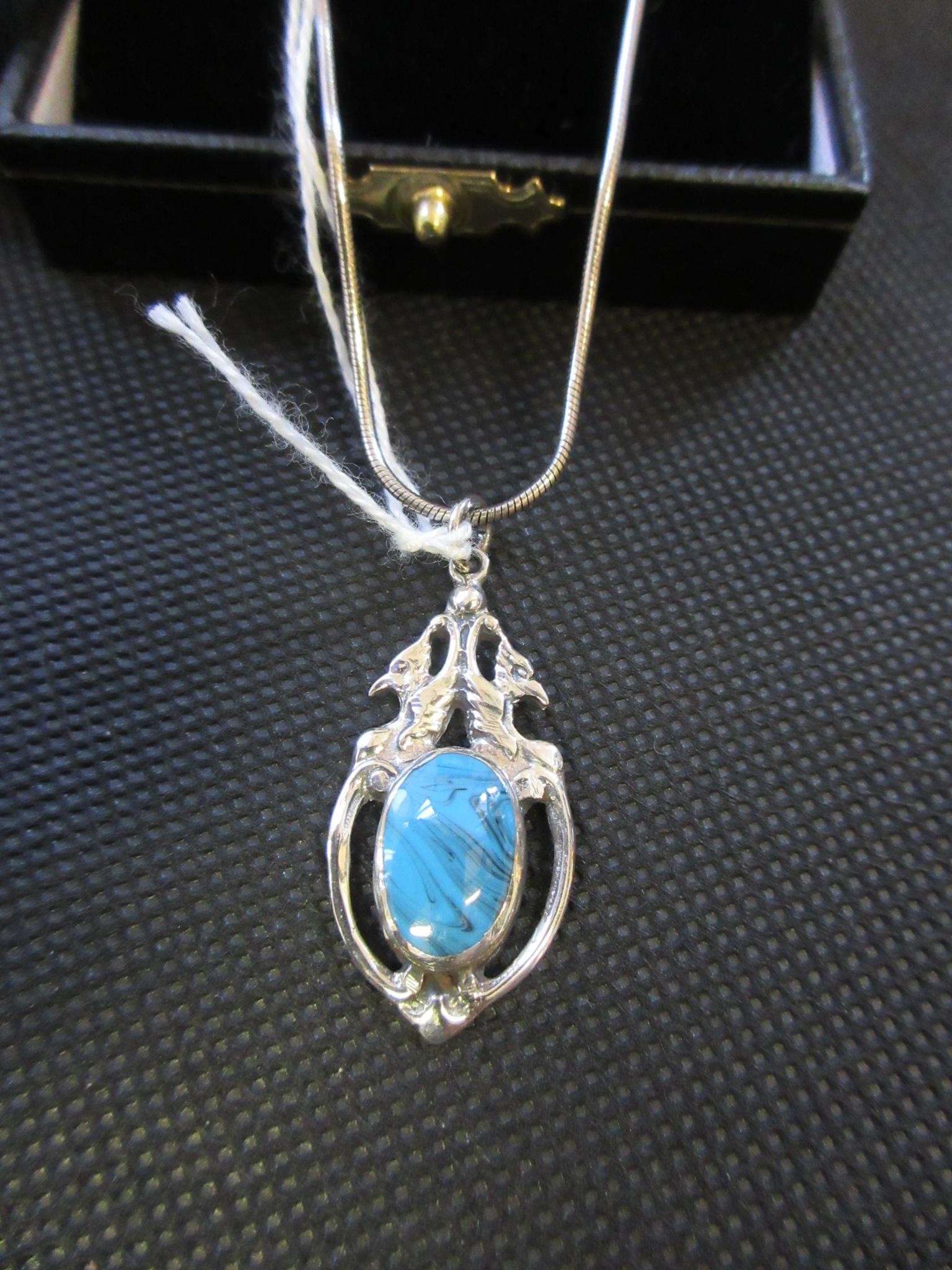 TURQUOISE ENAMEL SILVER PENDANT ON SILVER CHAIN Image