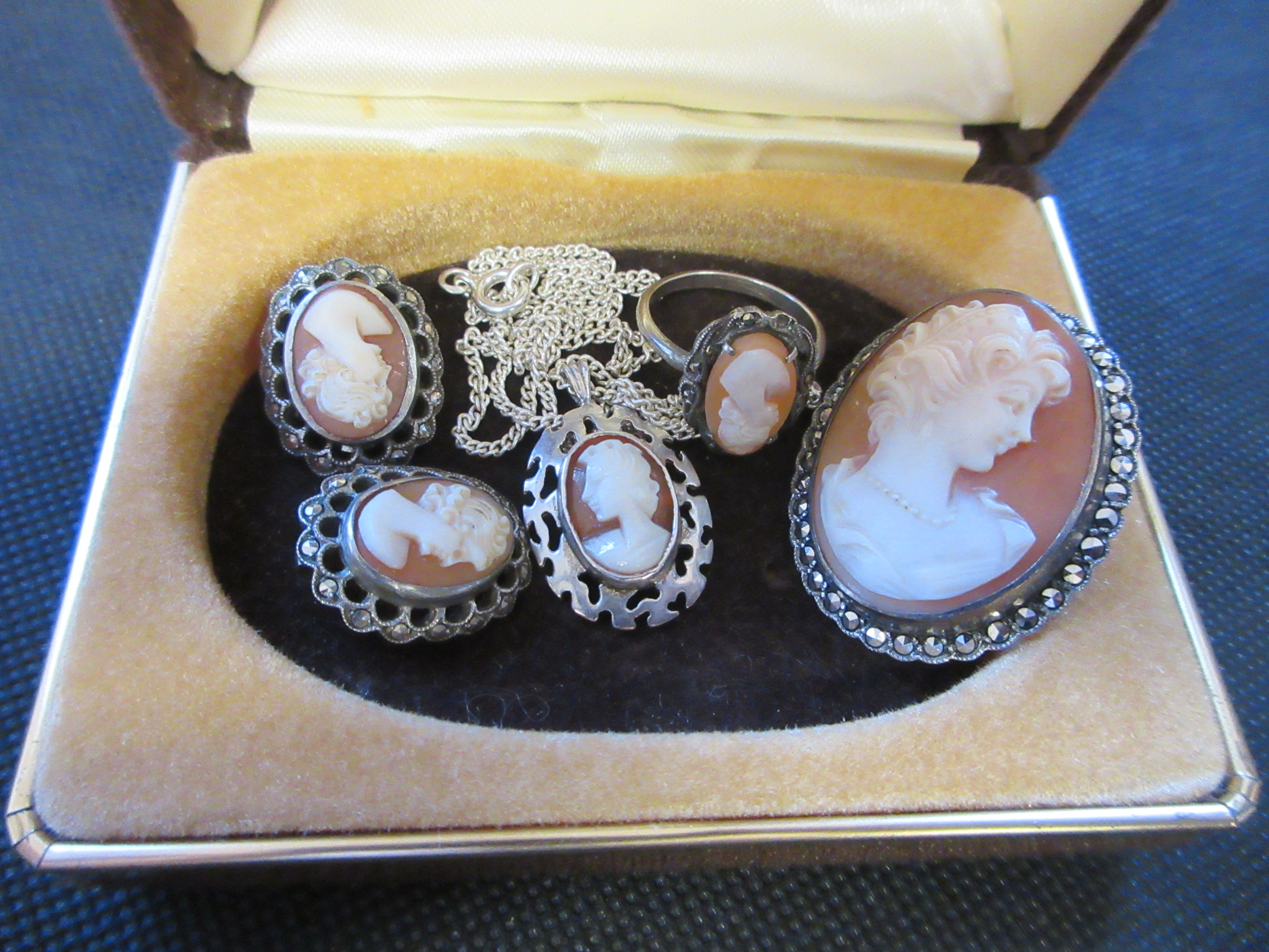 SILVER CAMEO BROOCH MATCHING EARRINGS, RING AND NECKLACE Image