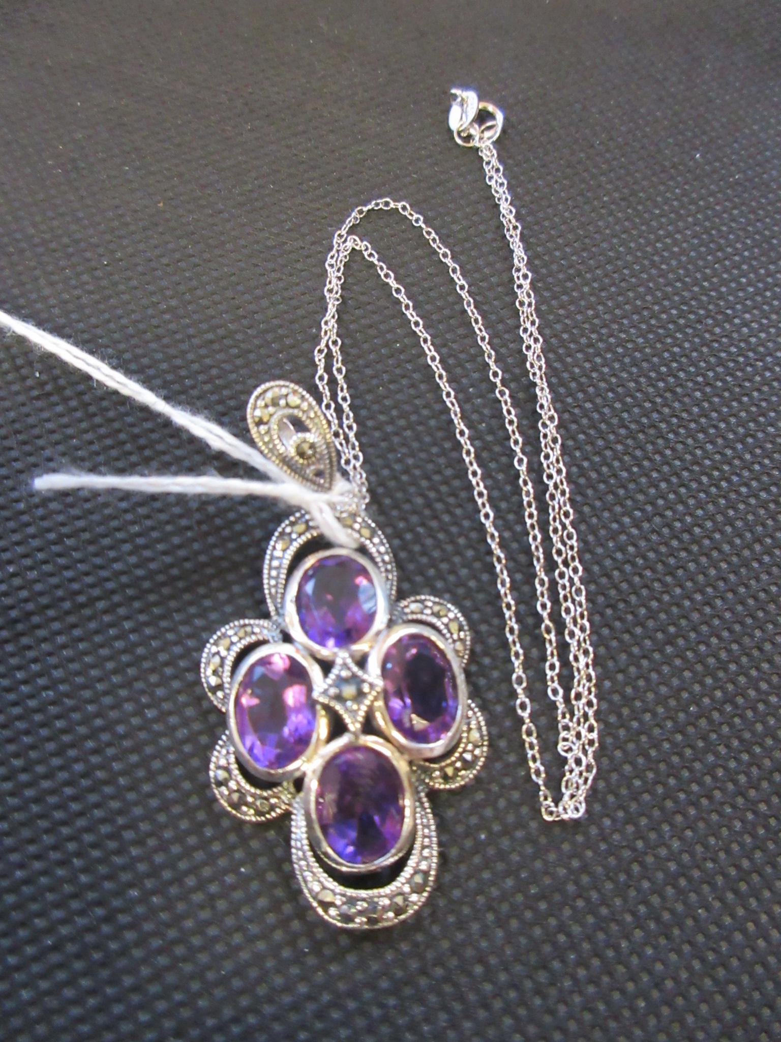 AMETHYST AND MARCASITE SILVER PENDANT ON SILVER CHAIN Image