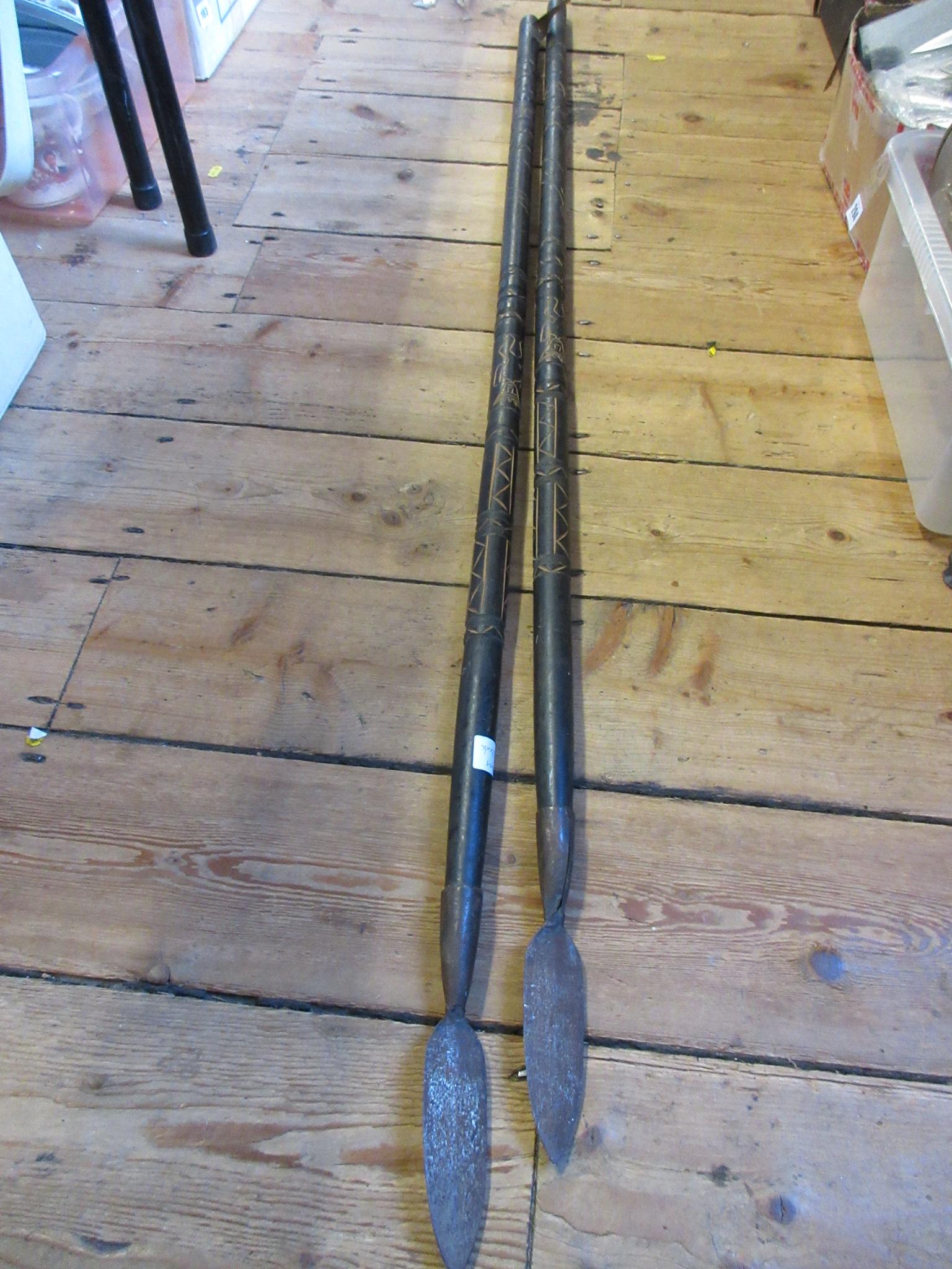 PAIR OF CARVED AFRICAN SPEARS Image