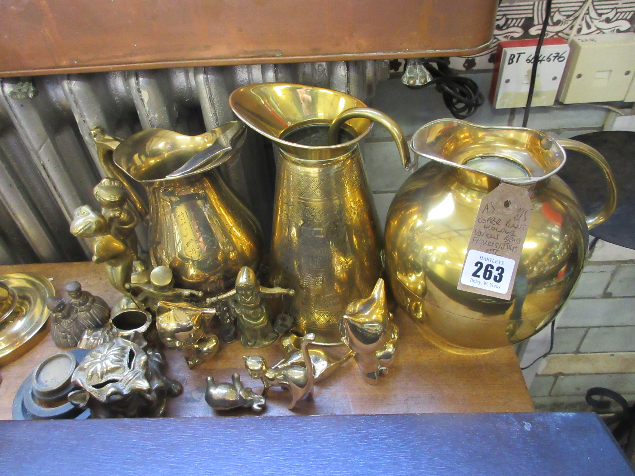 COPPER PLANT HOLDER WITH VARIOUS BRASS ITEMS Image