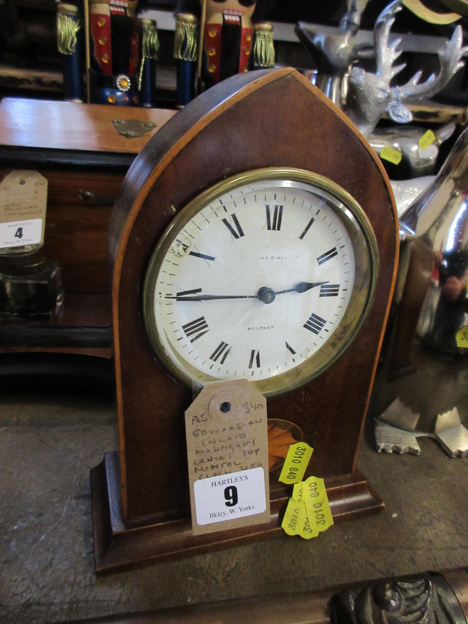 EDWARDIAN INLAID MAHOGANY LANCET TOP MANTLE CLOCK WITH FRENCH MOVEMENT Image