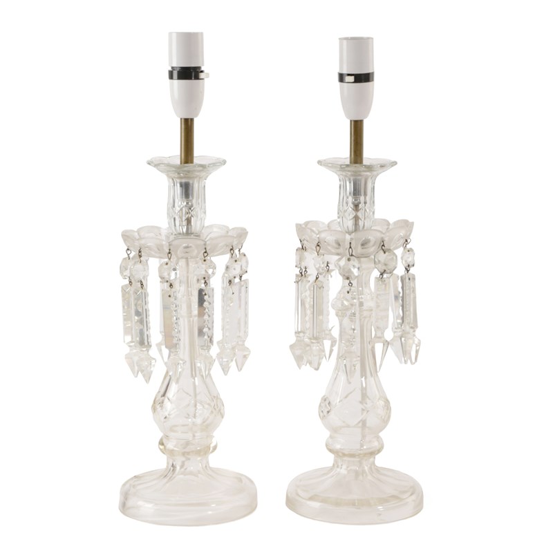 A pair of late victorian glass lustre table lamps Woolley and Wallis