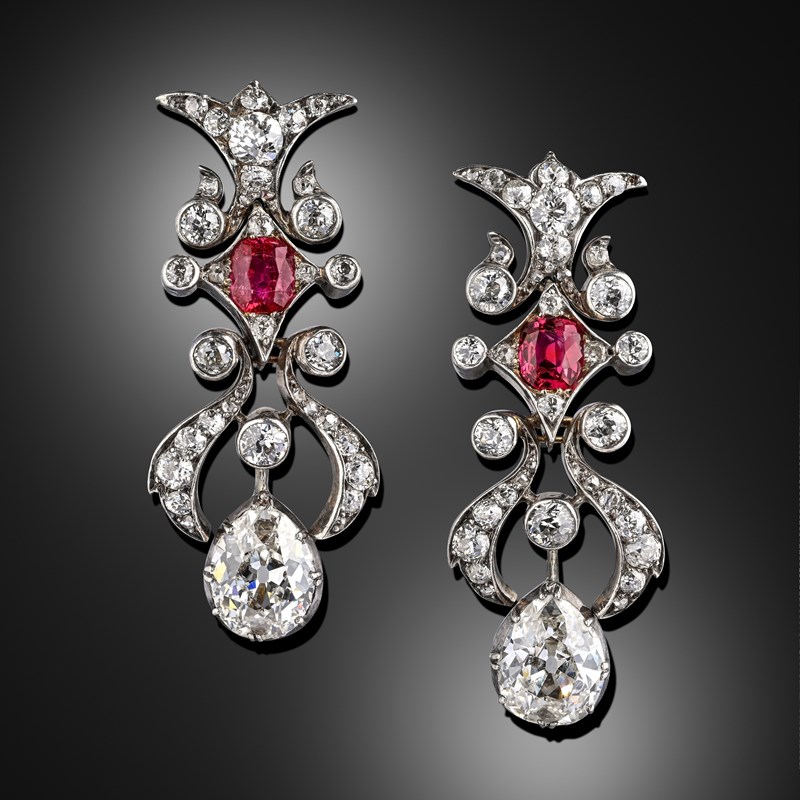 A pair of mid 19th century diamond and ruby drop earrings, with ...