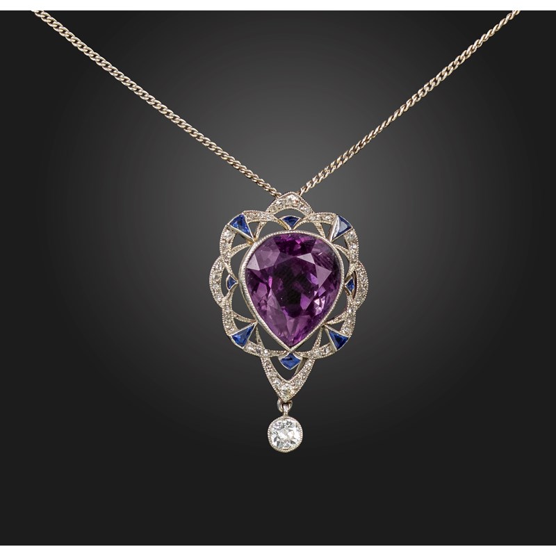 An edwardian amethyst, sapphire and diamond pendant | Woolley and Wallis