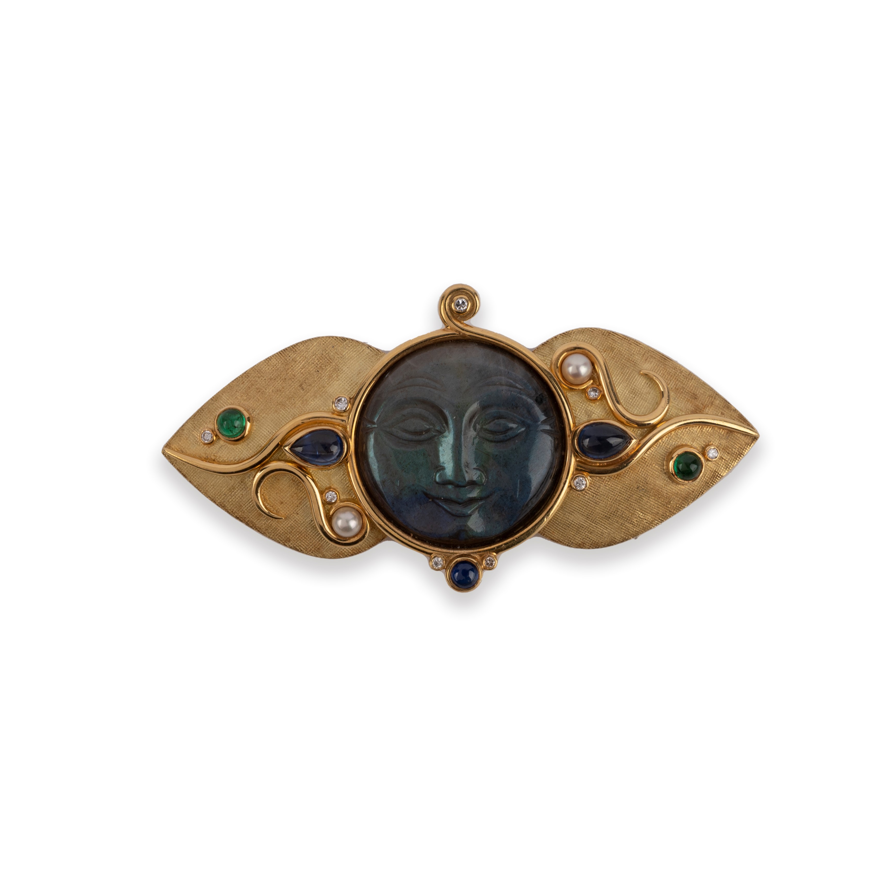 Stephen webster a gold and gem set brooch centring on a man in the