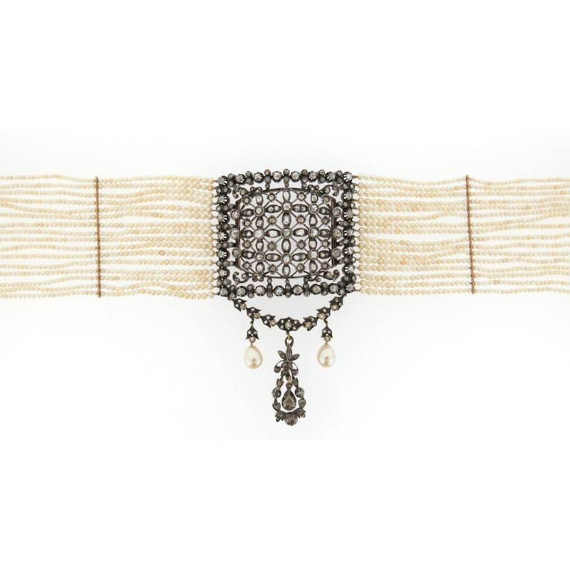 A diamond and seed pearl choker necklace | Woolley and Wallis